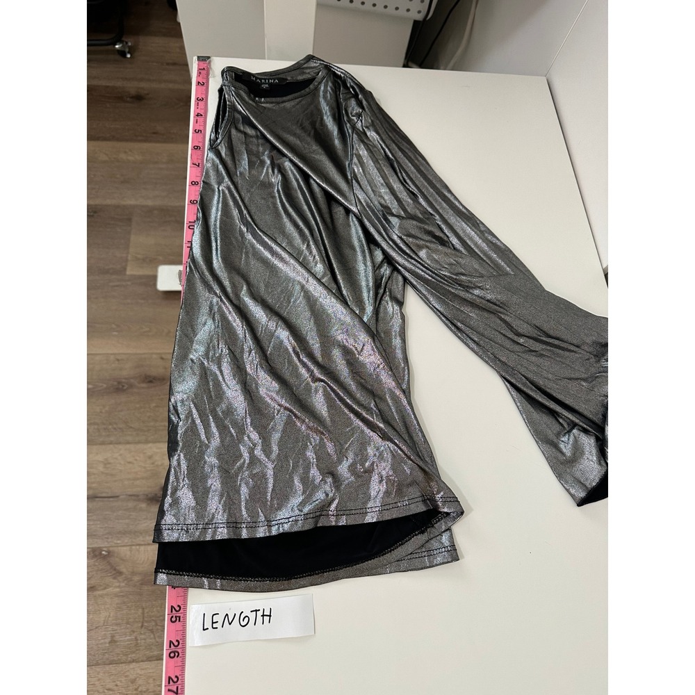 Marina Silver Metallic Pleated Bell Sleeve Blouse Size L Glam Party Evening - Picture 9 of 12
